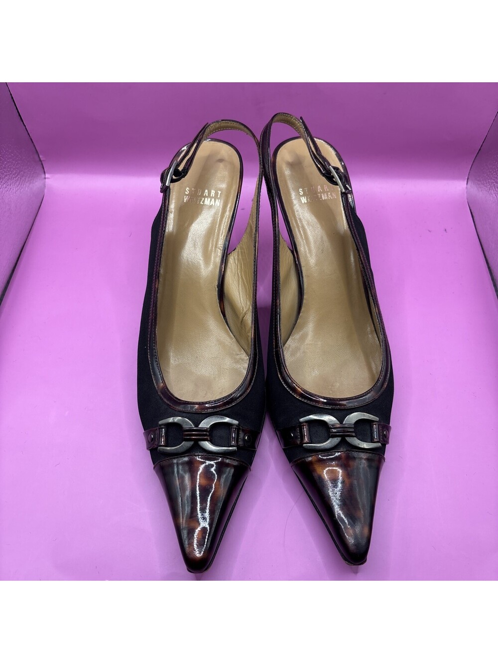 Stuart Weitzman Black and Brown Patent Leather Slingback Hee